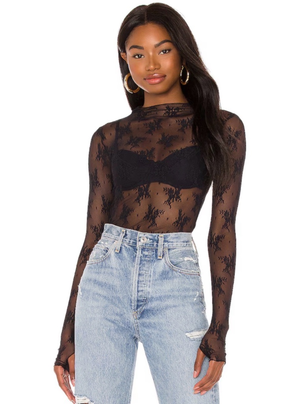 NWT Free People Black Sheer Lace Long-Sleeve Top